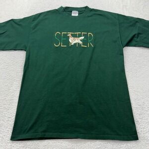 VTG Santee Setter Dog Embroidered T Shirt Men's Large‎ Green Cotton Pre-Shrunk